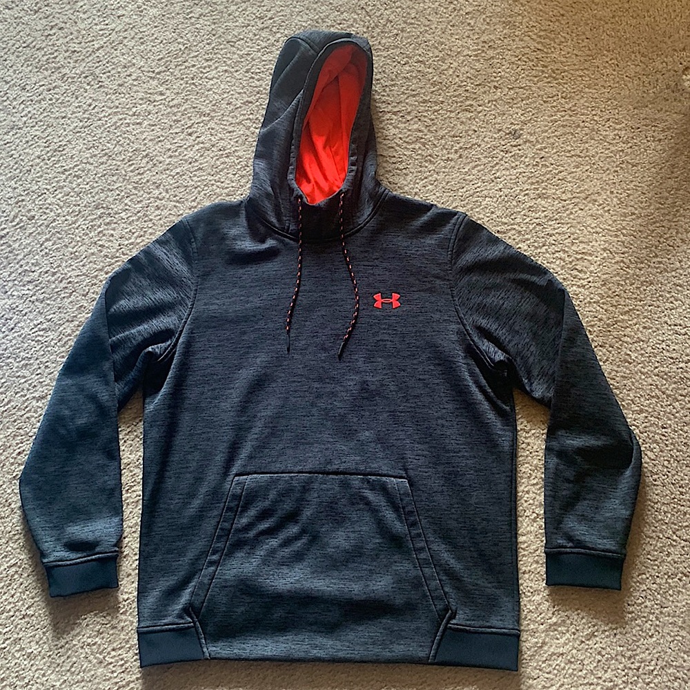 Grey Under Armour fleece hoodie with vibrant pink logo and hoodie liner